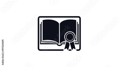 Open book with award ribbon and framed background