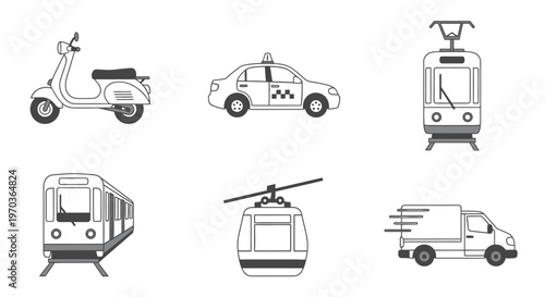 Transportation icons scooter taxi tram train cable car and delivery van