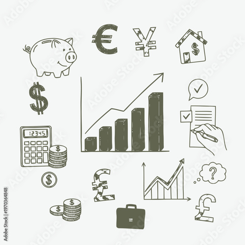 Collection of hand-drawn financial icons, including a piggy bank, currency symbols, a calculator, coins, charts, and a briefcase, representing finance and business concepts