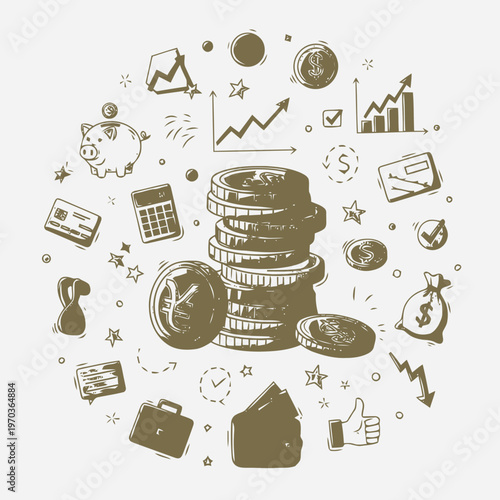 Comprehensive Hand-drawn Doodle Style Illustration Representing Financial Concepts, Business Growth, Investment Planning, and Economic Success