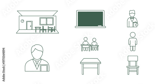 School icons set classroom teacher desk chair students and blackboard