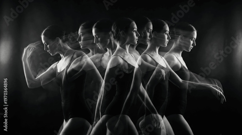 A dancer moves gracefully across the stage. Multiple positions are captured to show the flow of movement