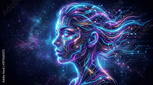 A woman's side profile is drawn with bright lines and colors. The background features stars and patterns that suggest technology