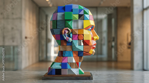 A sculpture representing a human head stands in an art gallery. The head is made from many colorful pieces and shapes