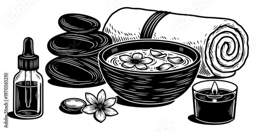 Spa and Wellness Treatment Elements Set with Stones Candle and Essential Oil Vector Illustration