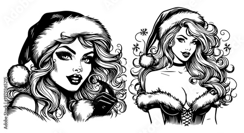 Christmas Pin Up Girls in Santa Hats Beautiful Sexy Women Holiday Portrait Vector Illustration