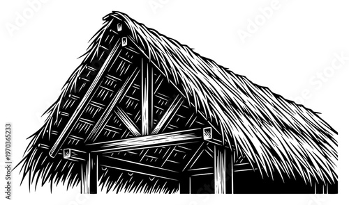 Primitive Hut with Thatched Roof Tropical Shelter or Ancient Bamboo House Vector Illustration