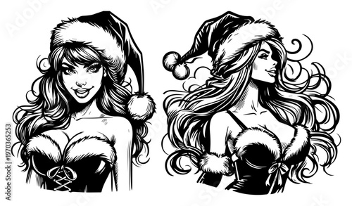 Sexy Christmas Pinup Girls Portraits in Santa Outfits Holiday Celebration Vector Set