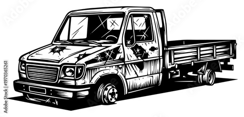 Old Abandoned Delivery Truck with Bullet Holes and Rust Post Apocalyptic Van Vector Illustration