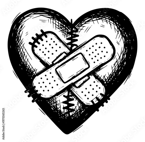 Broken Heart with Bandages and Stitches Symbol of Healing and Recovery Vector Illustration