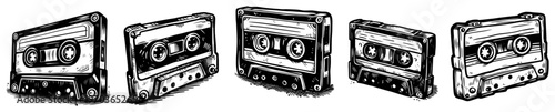 Retro Audio Cassette Tapes Set Vintage 90s Music Media Sketchy Vector Illustration