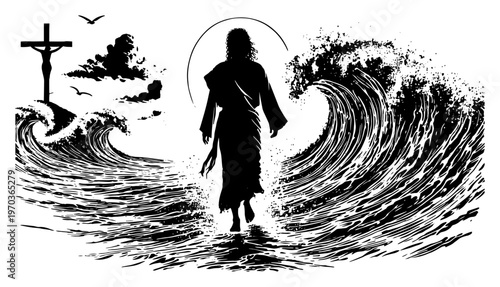 Jesus Christ Walking on Water Sea Miracle and Cross Christian Religion Vector Illustration