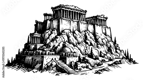 Ancient Greek Acropolis Temple Parthenon on Hill Antique Architecture Vector Illustration