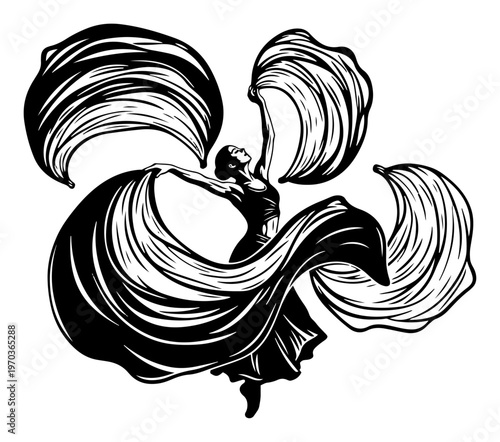 Elegant Female Dancer with Flowing Fabric Silk Ribbons Expressive Motion Vector Illustration
