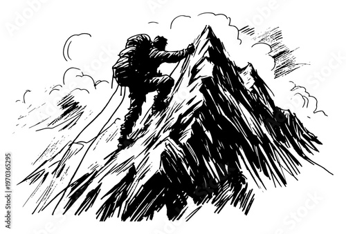 Mountain Climber Reaching Peak Alpinist Scaling Summit Extreme Sports Vector Illustration