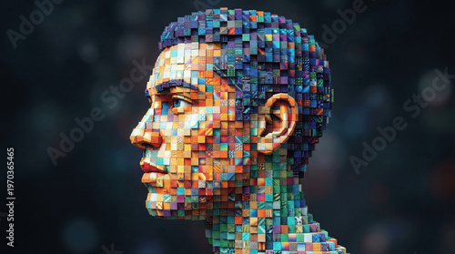 A man’s head is formed from many small cubes in various colors and patterns