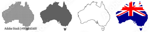 Australia country map vector set with dotted pattern solid silhouette outline and national flag illustration