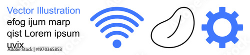 Communication, technology design, engineering, wireless signal, connectivity, abstract shapes. Blue wireless signal, a gear icon and a stylized abstract bean-thumbs up shape. Communication