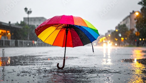 Person walking with rainbow umbrella on rainy city street, vivid colors reflecting on wet pavement against gray urban backdrop.