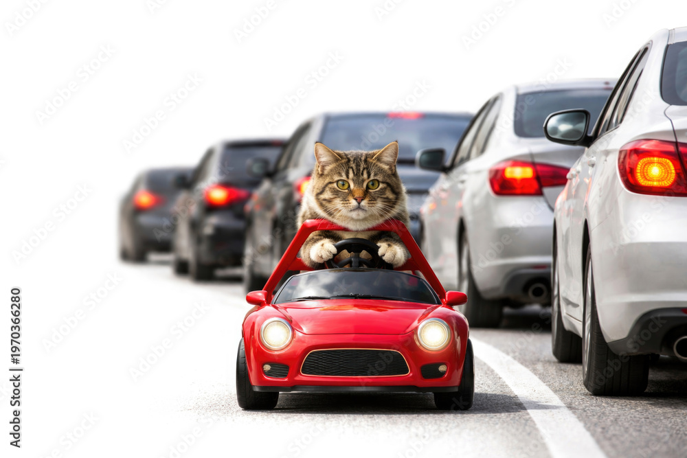 Fototapeta premium A cat in a red toy car in a traffic jam. Space for text.