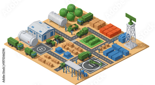 Isometric vector illustration showing a detailed military logistics base complex with soldiers and various military warehouses, vehicles, and character icons on a tan surface with a clean