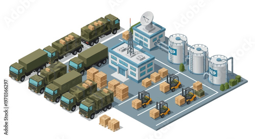 Isometric vector illustration depicting a detailed military logistics base complex with soldiers, vehicles, warehouses, and supplies, rendered as a colorful design icon against a clean