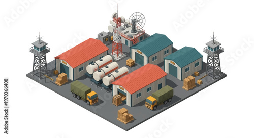 Isometric vector illustration depicting a military logistics base complex, showcasing military warehouses and vehicles alongside soldiers, designed as a detailed icon with clean lines