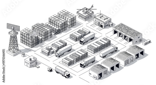 Isometric vector illustration depicting a detailed military logistics base, showcasing various military warehouses, vehicles, and soldier characters in a clean, modern design