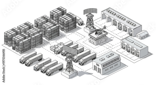 An isometric vector illustration features a detailed military logistics base with various military warehouses, vehicles, and uniformed characters, rendered in a clean, minimalist design