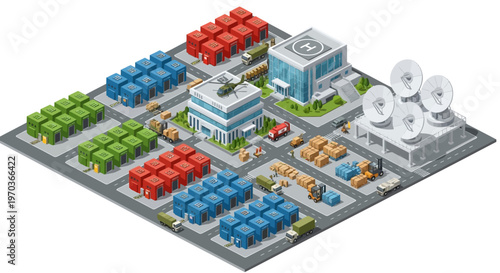 Isometric vector illustration depicting a military logistics base with warehouses, vehicles, soldiers, and various characters, designed as an icon with a clean, modern aesthetic and a focus