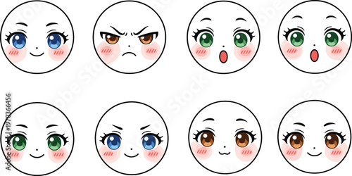 Colorful vector illustration of cartoon faces symbolizing emotion, expression, and character design