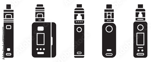 Electronic Cigarette Vape Icon Set, vector illustrations of vape devices, e-cigarette symbols, smoking alternatives, modern vaping icons, editable graphics