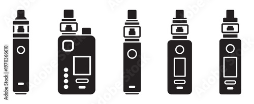 Electronic Cigarette Vape Icon Set, vector illustrations of vape devices, e-cigarette symbols, smoking alternatives, modern vaping icons, editable graphics