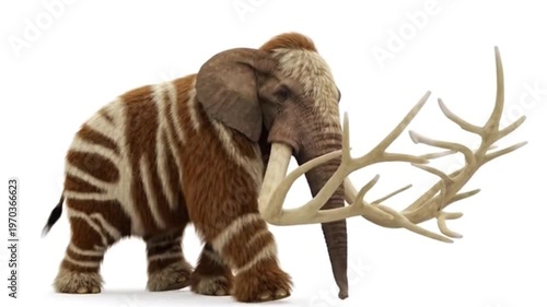Wooy elephant with branched big ivory tusks