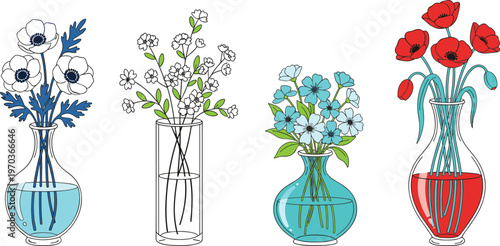 Colorful vector illustration of floral vases symbolizing nature, diversity, and decorative design
