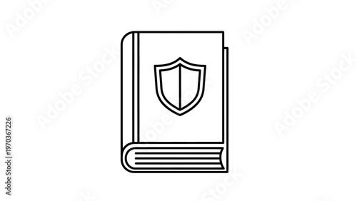 A black outline icon of a closed book with a shield on the cover