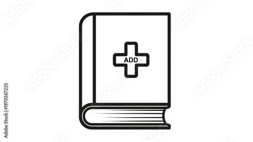 A thick open book with a plus sign and "ADD" inside on its cover
