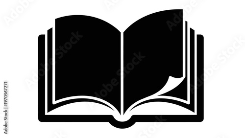 Stylized black open book with pages curving outward, symbolizing knowledge