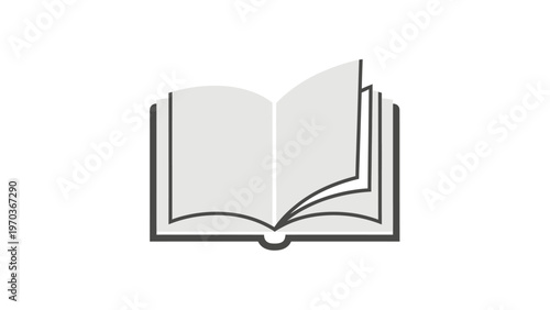 Open book with pages turning, minimalist, grey and black on white