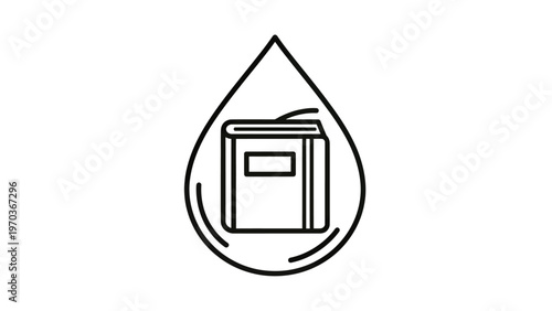 A black outline of a book inside a teardrop shape