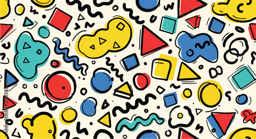 Vibrant geometric shapes and colorful patterns create a lively visual composition on a digital canvas.