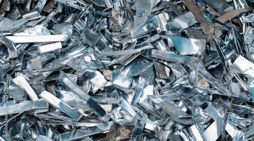 Overhead view of shiny aluminum scrap metal pieces in heap