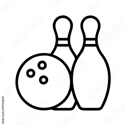 Bowling icon vector illustration, minimalist bowling ball and pins line art, black and white sports equipment graphic for competition and leisure