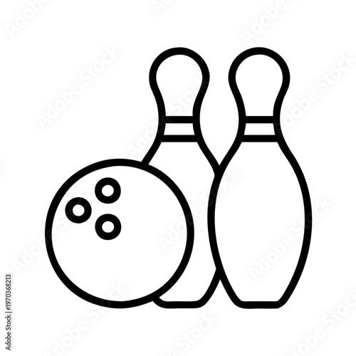 Bowling ball and pins line icon vector, minimalist sports equipment illustration, black and white bowling strike symbol for leisure and competition