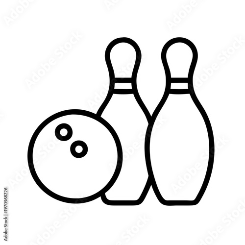 Bowling icon in minimalist outline style, black and white bowling ball and pins vector, sports equipment graphic for leisure and gaming