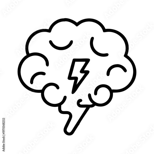 Brainstorming icon with lightning bolt inside brain cloud, creative thinking and idea generation concept, minimalist black line vector illustration