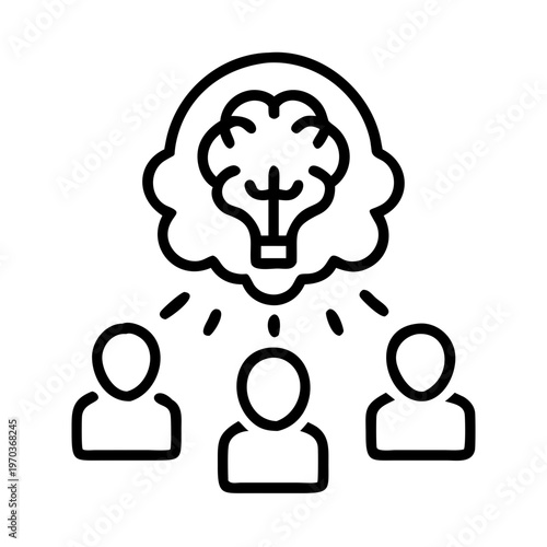 Brainstorming group line icon, collective intelligence and creative teamwork vector, people sharing a lightbulb idea in a thought bubble