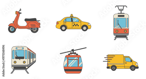Transportation icons scooter taxi tram train cable car and delivery van