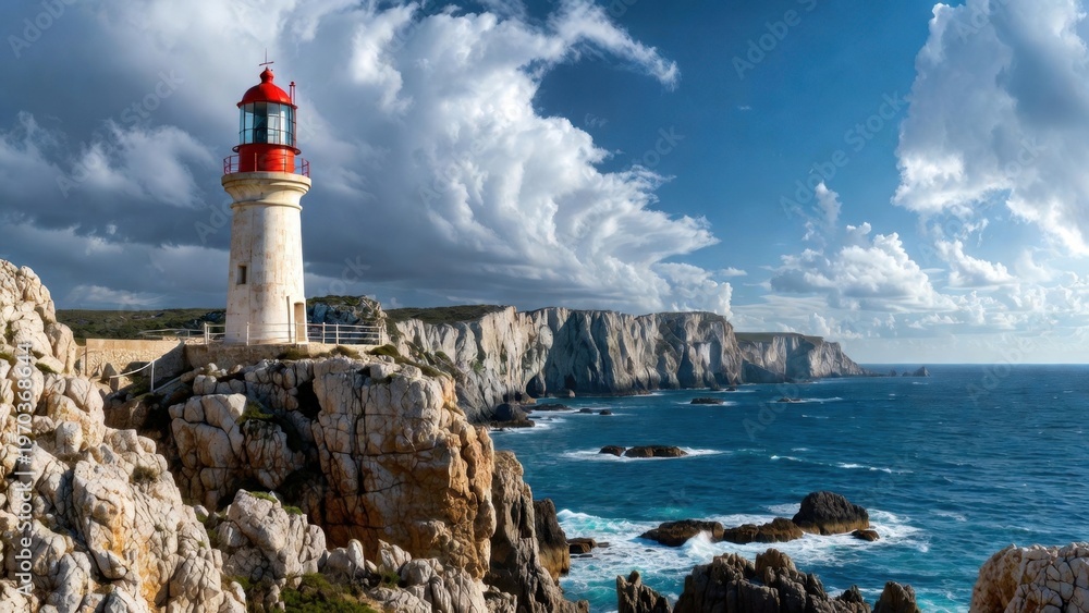 Obraz premium Red capped lighthouse overlooking rugged cliffed coastline