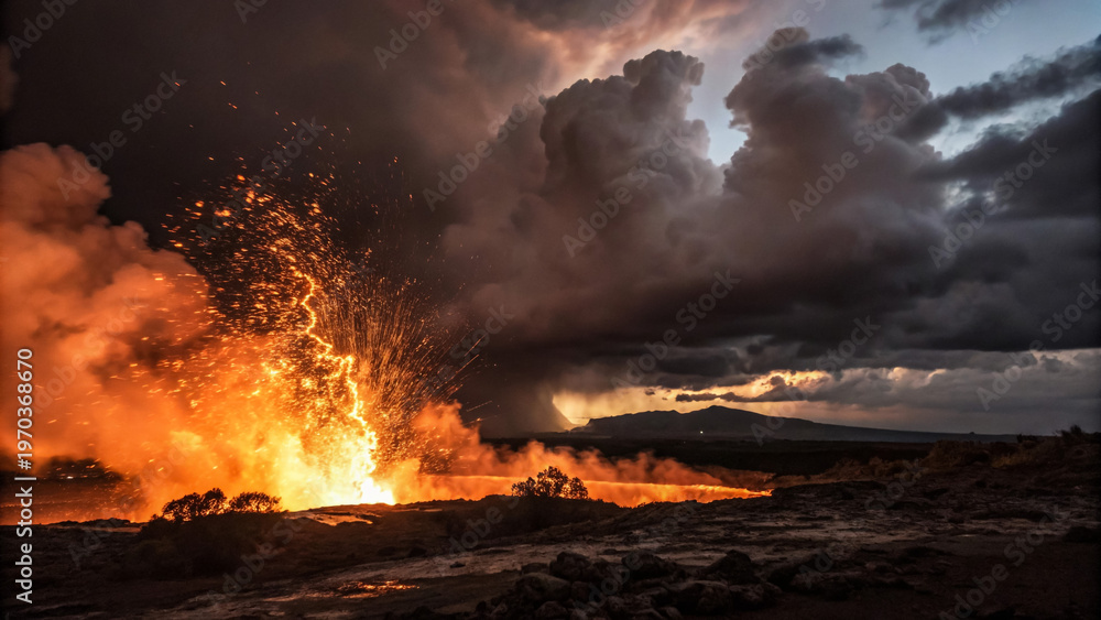 Fototapeta premium Volcanic Eruption with Lava Sparks and Smoke at Dusk